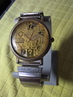 Vintage GUESS 90's Gold Tone Puzzle Dial Watch with Silver Band - Works